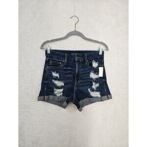 Aeropostale Women Short 6 Blue Cottonblend Distressed High Rise Curvy Midi Denim